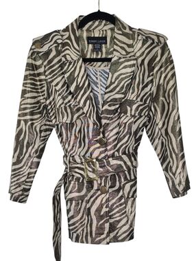 Linen Blend Zebra Print Jacket Size L Button-up Belted Blazer with Pocket Spring